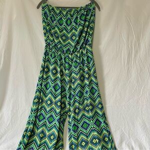 Espresso Strapless Wide Leg Jumpsuit with Geometric Design, Sz XL